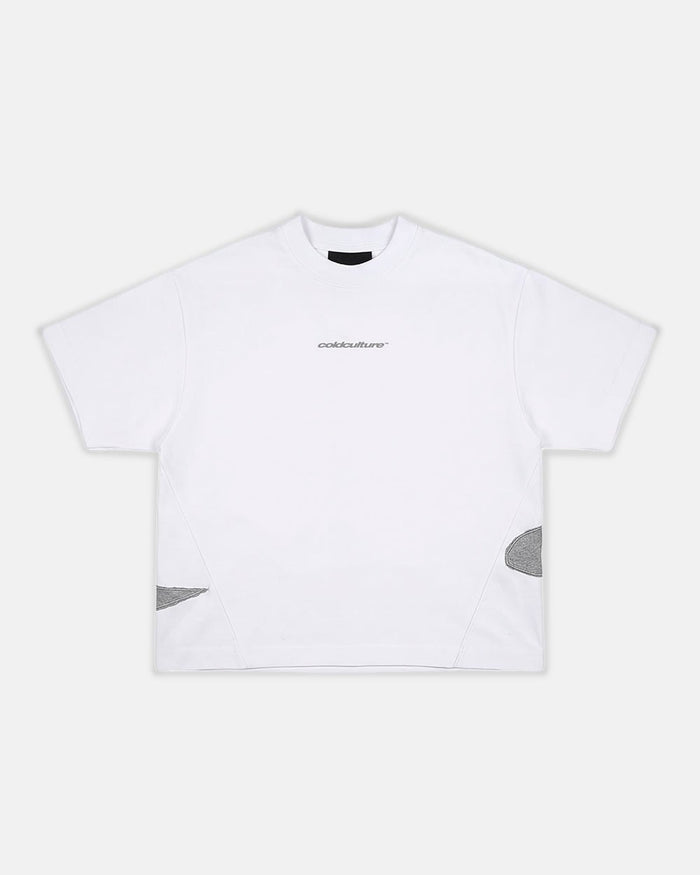 DISTRESS DEFENSE TEE WHITE - white graphic print tee, front view - Cold Culture #woman