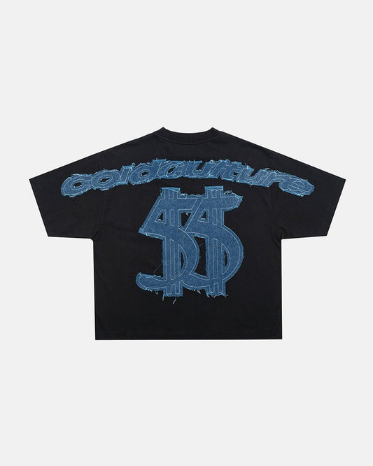 DISTRESSED DOLLAR TEE BLACK - black tee with denim applique, back view - Cold Culture