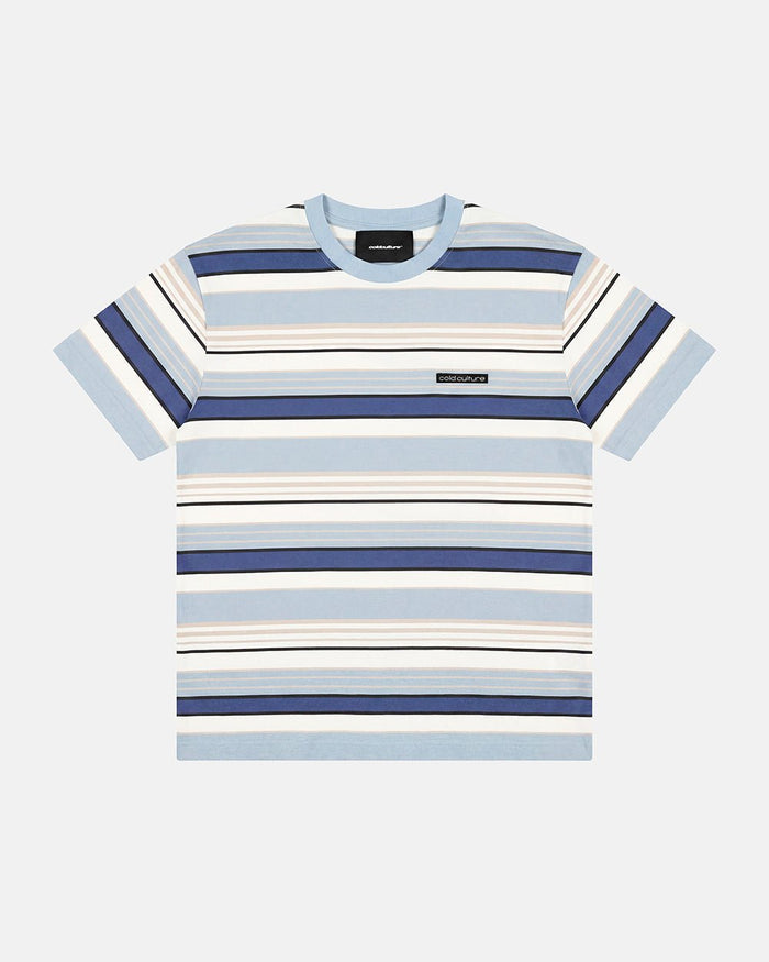 DRIFTLINE TEE BLUE - blue striped tee, flat lay - Cold Culture