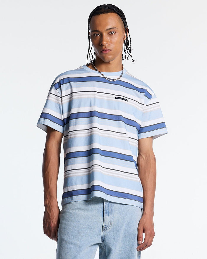 DRIFTLINE TEE BLUE - blue striped tee, front view on male model - Cold Culture