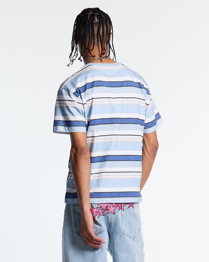 DRIFTLINE TEE BLUE - blue striped tee, back view on male model - Cold Culture