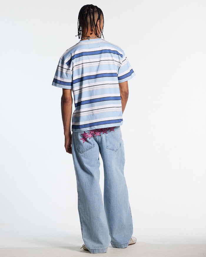 DRIFTLINE TEE BLUE - blue striped tee, back view on male model - Cold Culture