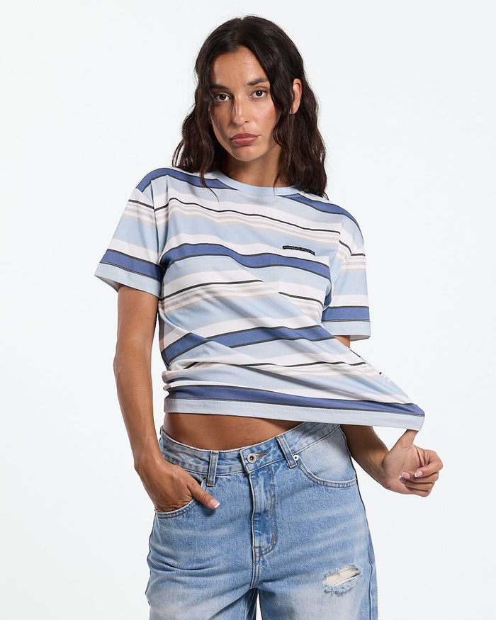 DRIFTLINE TEE BLUE - blue striped tee, front view on female model - Cold Culture #woman