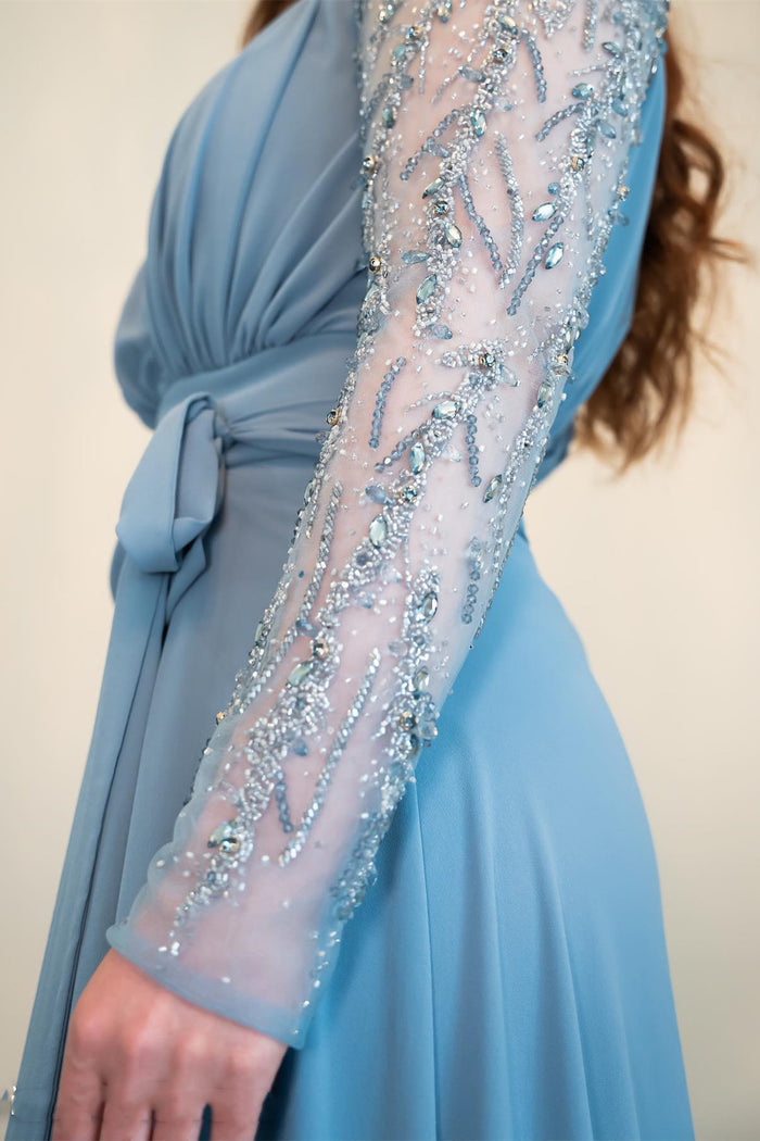 Dusty Blue Chiffon Beading Long Sleeve Bridesmaid Dress