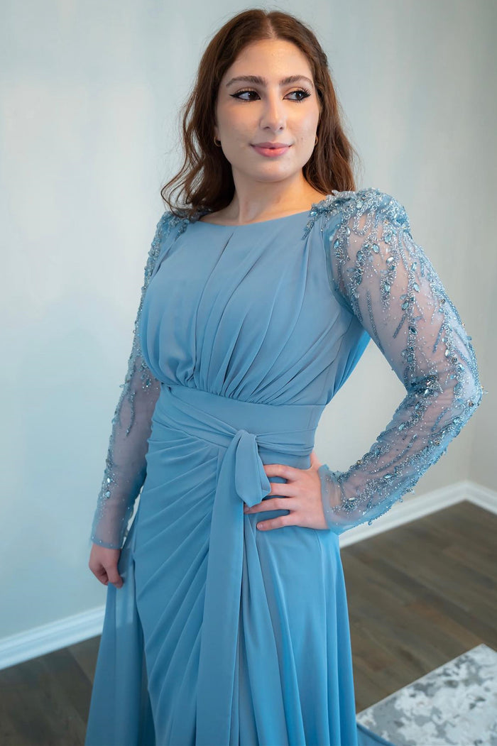Dusty Blue Chiffon Beading Long Sleeve Bridesmaid Dress
