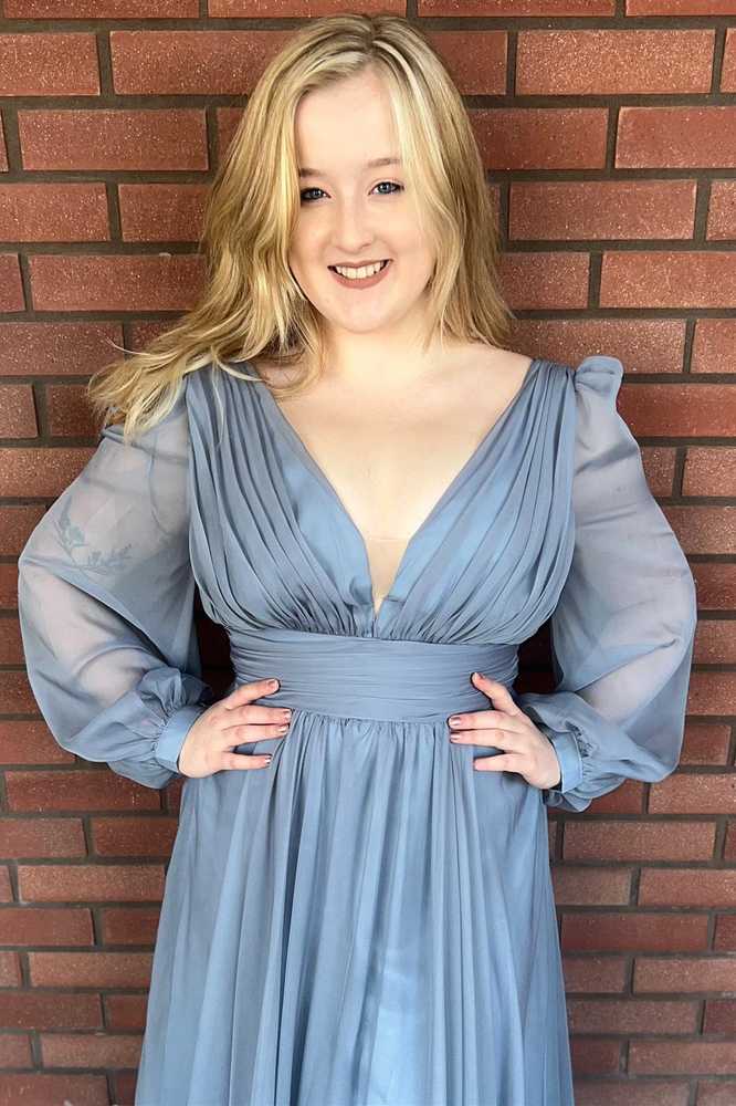 Dusty Blue Plunge Long Sleeve Bridesmaid Dress