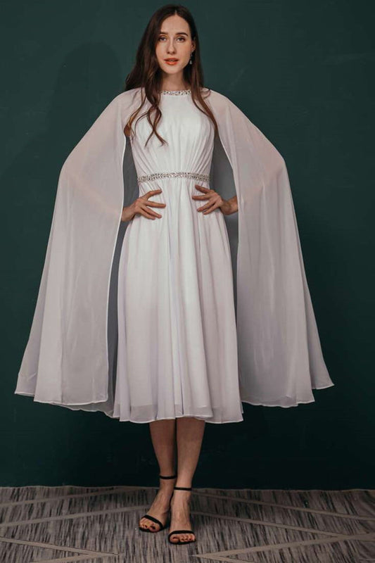 Elegant White A-line Chiffon Formal Dress with Rhinestone Collar