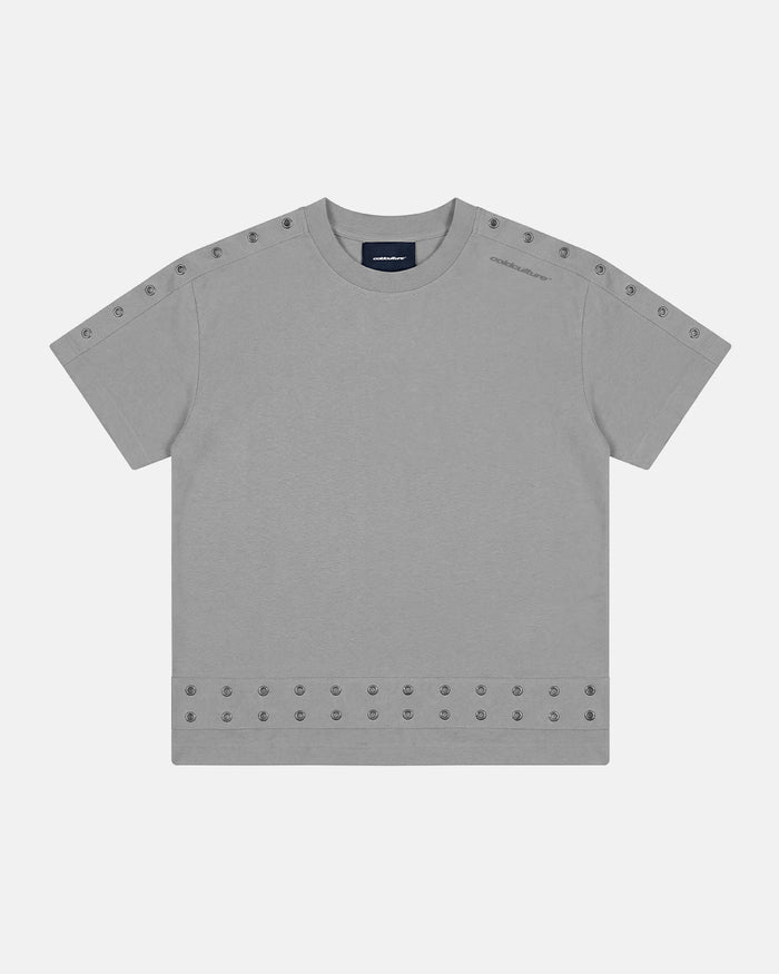 EYELET TEE LIGHT GREY - light grey eyelet tee, front view - Cold Culture