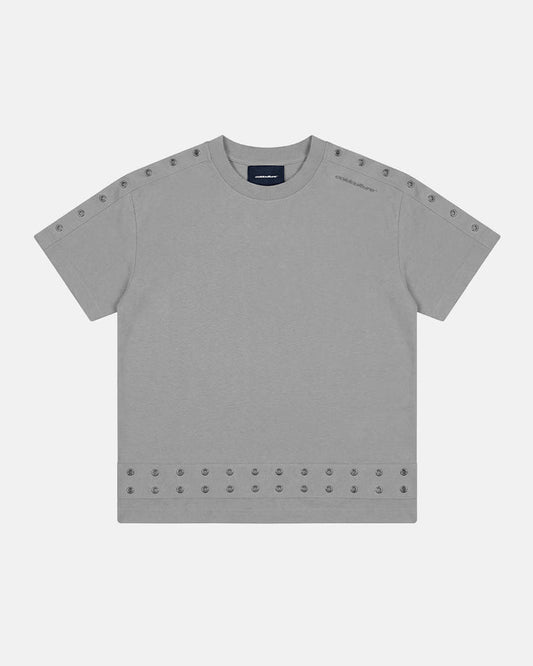 EYELET TEE LIGHT GREY - light grey eyelet tee, front view - Cold Culture
