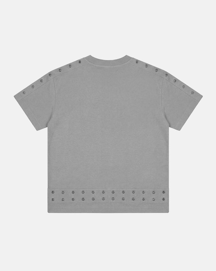 EYELET TEE LIGHT GREY - light grey eyelet tee, back view - Cold Culture