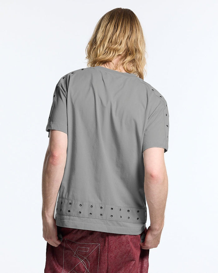 EYELET TEE LIGHT GREY - light grey eyelet tee, back view on male model - Cold Culture #man