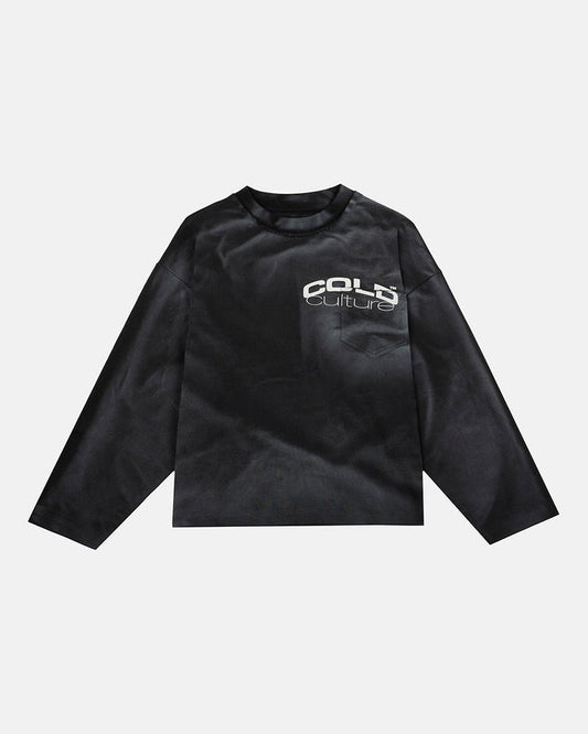 FARMER BLUES LONGSLEEVE BLACK - washed black longsleeve tee, front view - Cold Culture