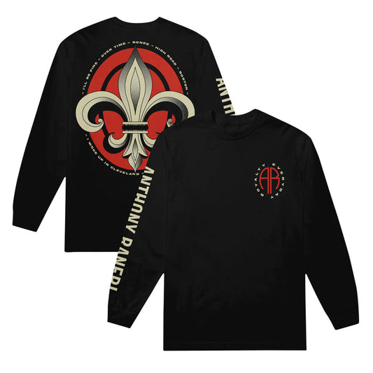 Black long-sleeve shirt by Anthony Raneri, made from soft ring-spun cotton. Features a large fleur-de-lis and circular text on the back, ANTHONY RANERI on one sleeve, and a small circular logo on the front left chest.