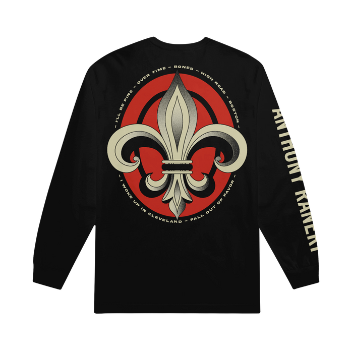 The Anthony Raneri black long-sleeve shirt features a modern classic fit, soft ring-spun cotton, a large fleur-de-lis on the back, and Anthony Raneri printed down the right sleeve.