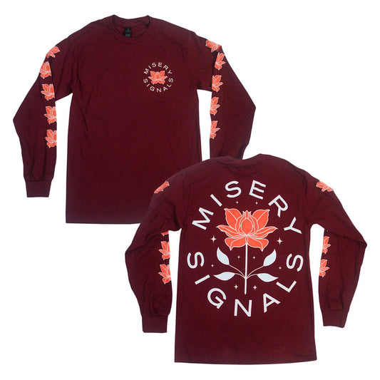 This maroon long-sleeve shirt by Misery Signals is made from 100% cotton Gildan Ultra Cotton. It features MISERY SIGNALS and a large orange rose graphic on the back, with matching rose logos on the front and sleeves. Classic fit.
