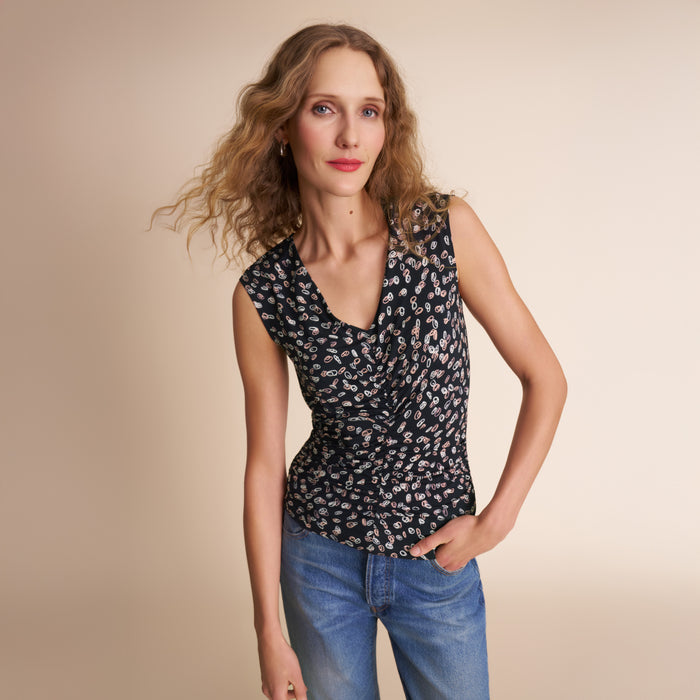 image of a woman wearing the franka top in spin dot | Lead