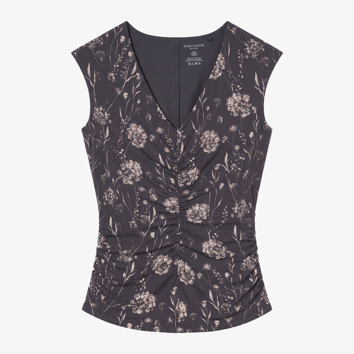 Floral-patterned sleeveless top on a white background