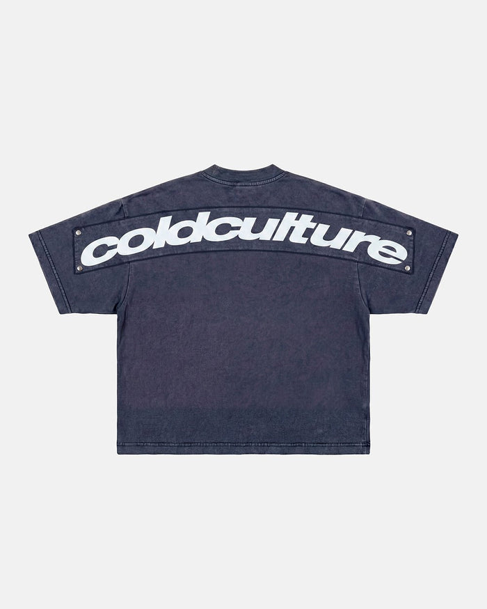 FULL ON WASHED TEE BLUE - washed navy blue tee, back view - Cold Culture