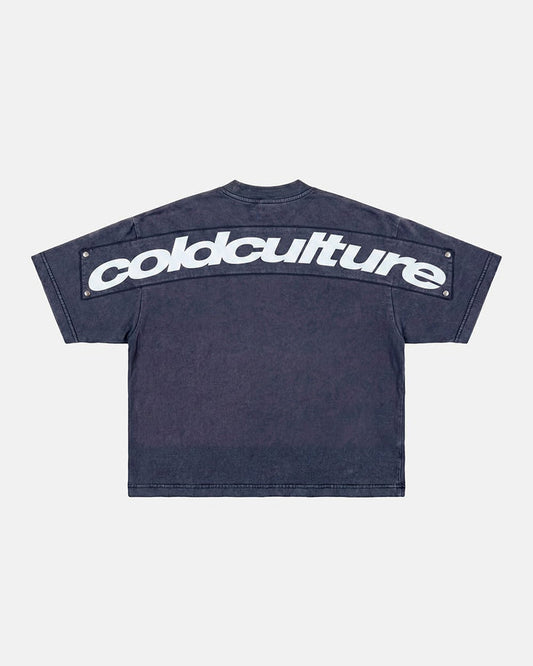 FULL ON WASHED TEE BLUE - washed navy blue tee, back view - Cold Culture