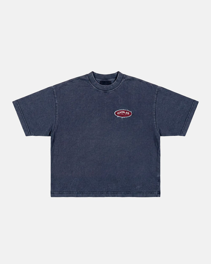 FULL ON WASHED TEE BLUE - washed navy blue tee, front view - Cold Culture