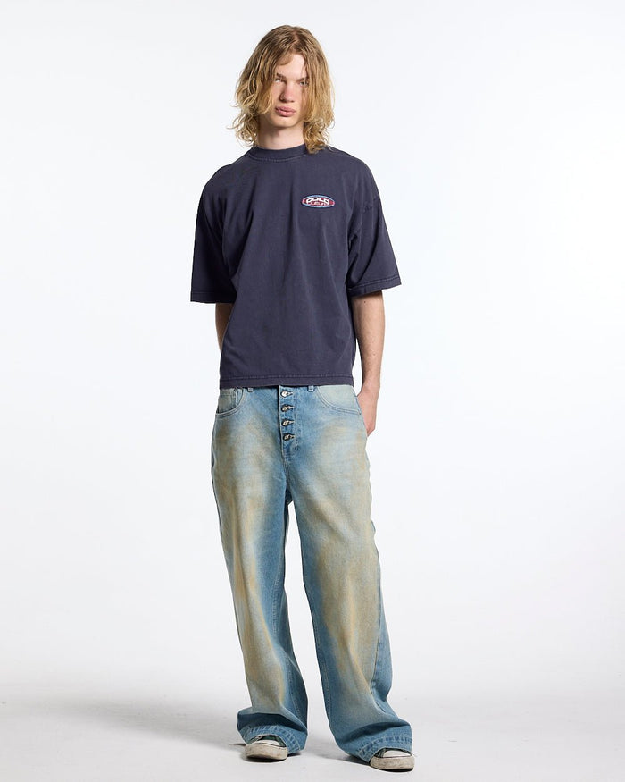 FULL ON WASHED TEE BLUE - washed navy blue tee, front view on male model - Cold Culture