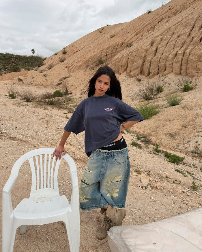 FULL ON WASHED TEE BLUE - washed navy blue tee, street style shot - Cold Culture