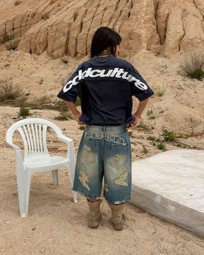 FULL ON WASHED TEE BLUE - washed navy blue tee, street style shot - Cold Culture