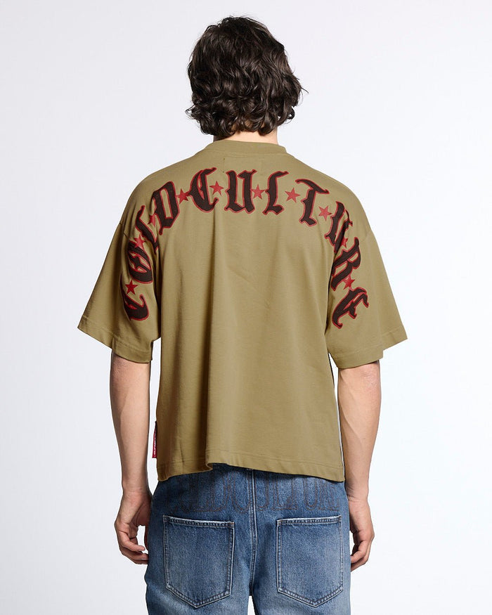 GOTHIC CURVED TEE GREEN - green gothic print tee, back view on male model - Cold Culture