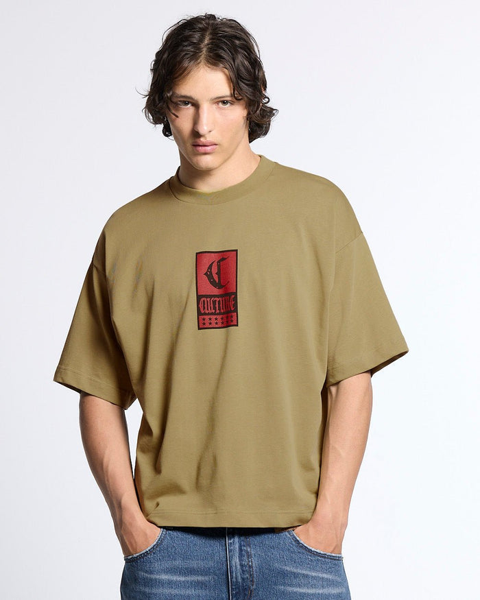 GOTHIC CURVED TEE GREEN - green gothic print tee, front view on male model - Cold Culture