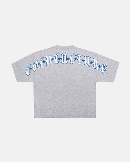 GOTHIC CURVED TEE GREY - grey gothic print tee, back view - Cold Culture
