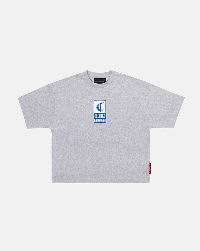 GOTHIC CURVED TEE GREY - grey gothic print tee, front view - Cold Culture