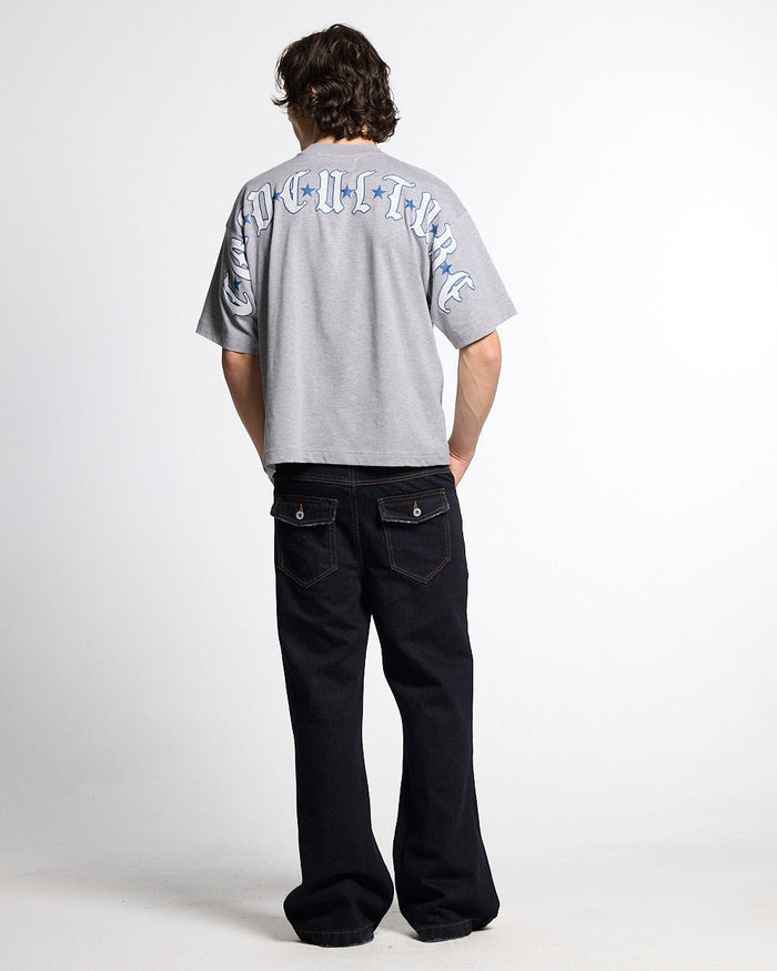 GOTHIC CURVED TEE GREY - grey gothic print tee, back view on male model - Cold Culture
