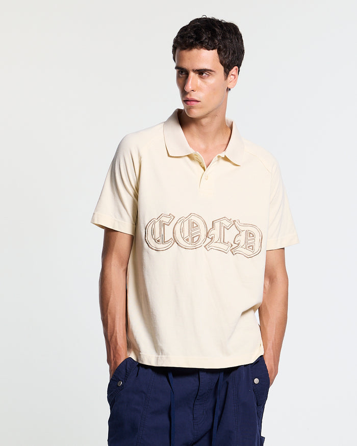 GOTHIC DISTRESSED POLO BEIGE - beige gothic print polo shirt, front view on male model - Cold Culture