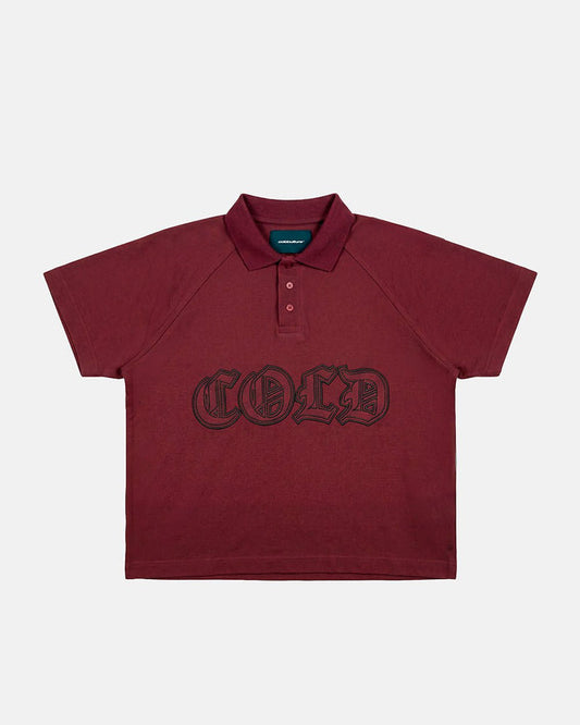 GOTHIC DISTRESSED POLO BURGUNDY - burgundy gothic print polo shirt, front view - Cold Culture