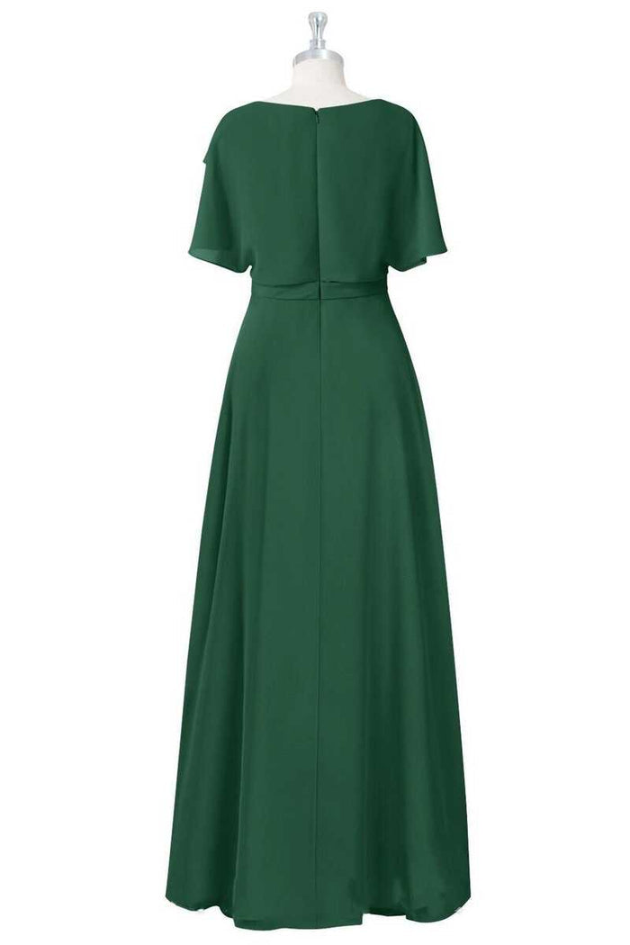 Green Crew Neck Short Sleeve Ruffled A-Line Bridesmaid Dress