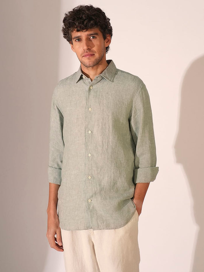 Green Linen Full Sleeves Shirt