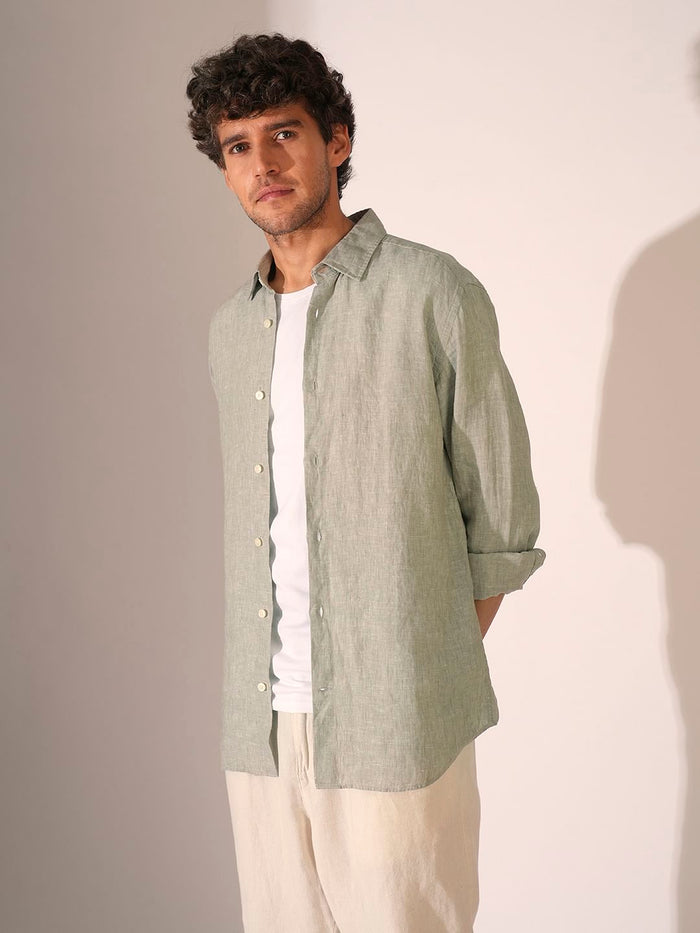 Green Linen Full Sleeves Shirt
