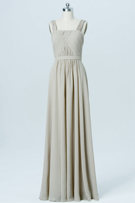 Grey Chiffon Wide Straps Banded Waist Bridesmaid Dress