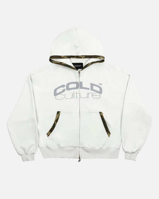 GREY OPS ZIP HOODIE LIGHT GREY - light grey camo trim zip-up hoodie, front view - Cold Culture