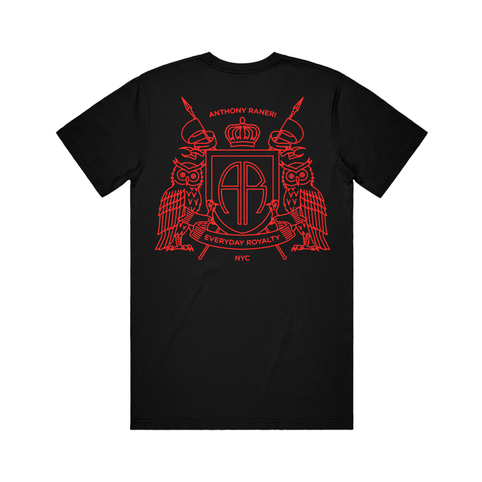 Anthony Raneri black Gildan Hammer T-Shirt with high stitch density, featuring red armored owls with spears, a crown above AR initials, and the text: Anthony Raneri, Everyday Royalty, NYC.