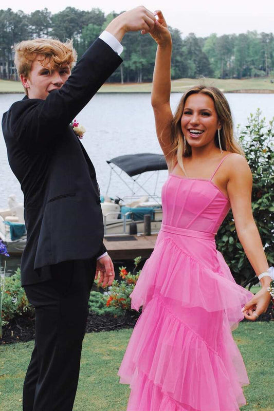Hot Pink Straps Tiered A-Line Long Prom Dress