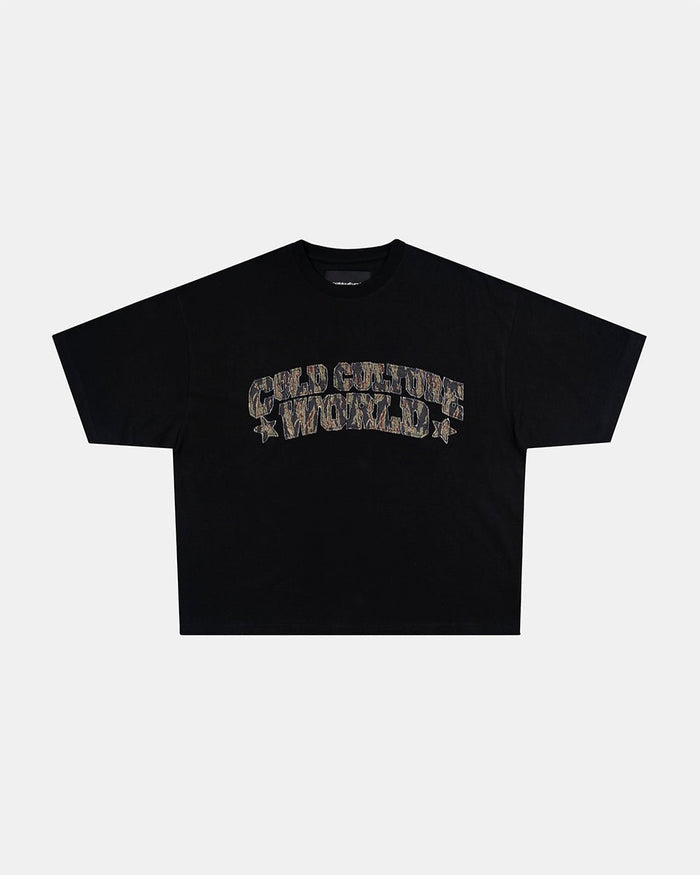 HUNTER TEE BLACK - black graphic print tee, front view - Cold Culture