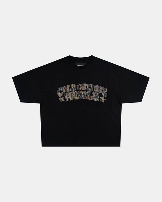 HUNTER TEE BLACK - black graphic print tee, front view - Cold Culture