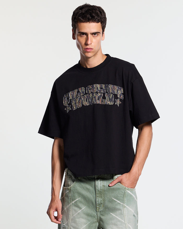 HUNTER TEE BLACK - black graphic print tee, front view on male model - Cold Culture
