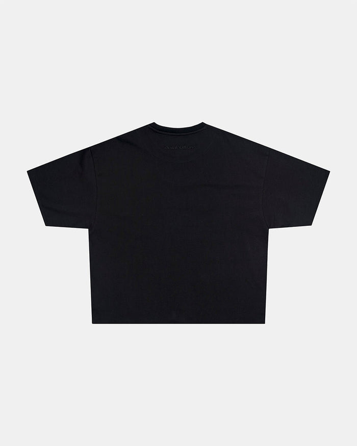 HUNTER TEE BLACK - black graphic print tee, back view - Cold Culture