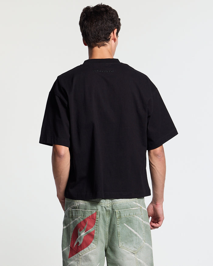 HUNTER TEE BLACK - black graphic print tee, back view on male model - Cold Culture