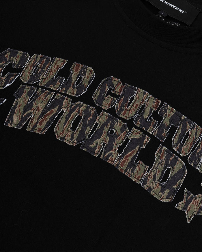 HUNTER TEE BLACK - black graphic print tee, detail close-up - Cold Culture