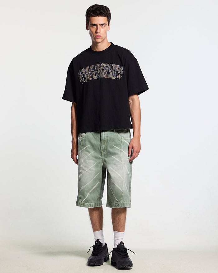 HUNTER TEE BLACK - black graphic print tee, front view on male model - Cold Culture