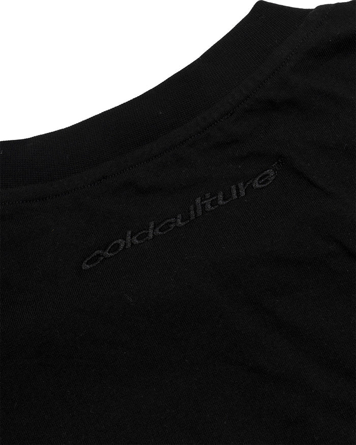 HUNTER TEE BLACK - black graphic print tee, detail close-up - Cold Culture