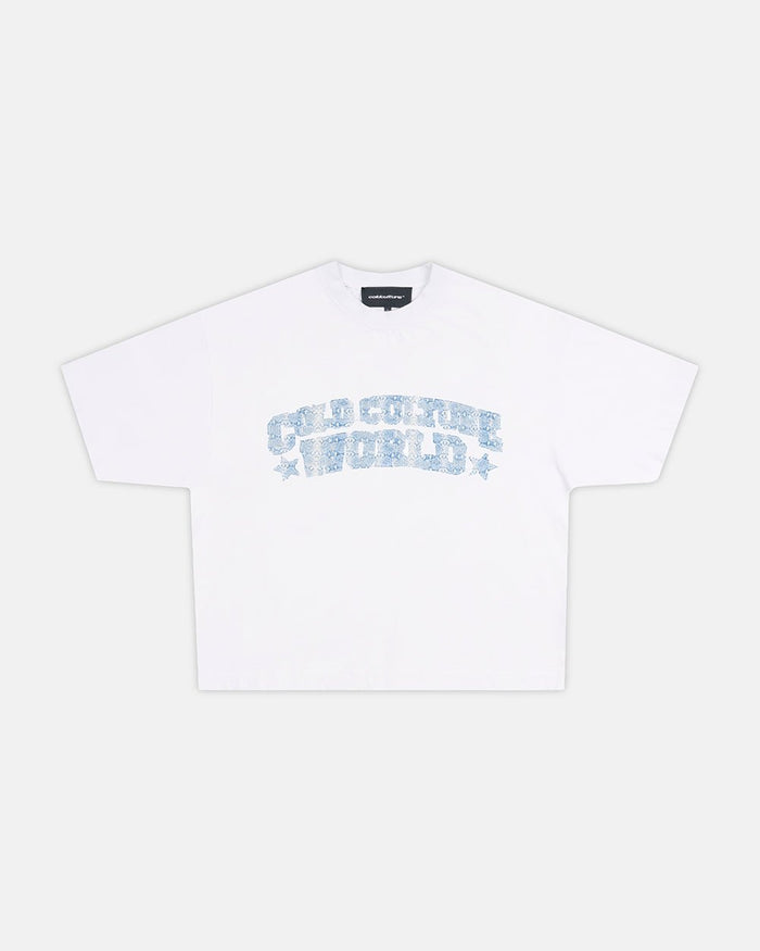 HUNTER TEE WHITE - white graphic print tee, front view - Cold Culture #woman